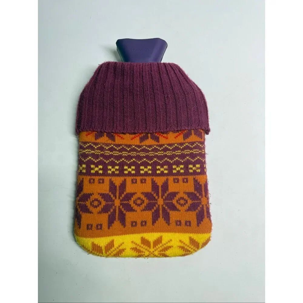 Rare Plum Ribbed Knit Hot Water Bottle With Nordic Pattern Cover